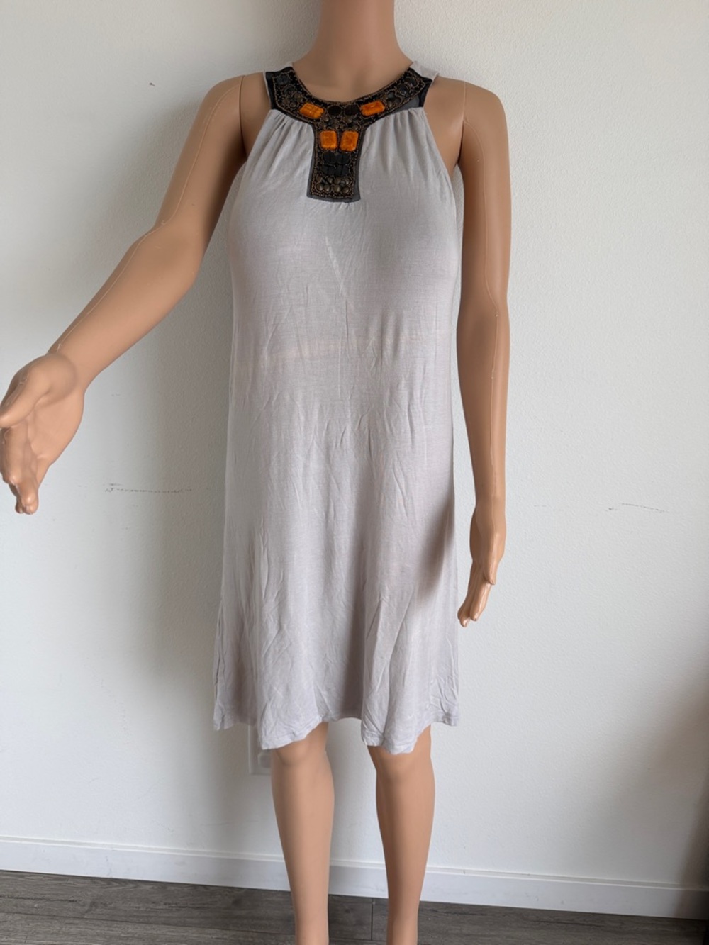 julie's closet Cream Halter Dress with Black and Orange Embellished Neckline